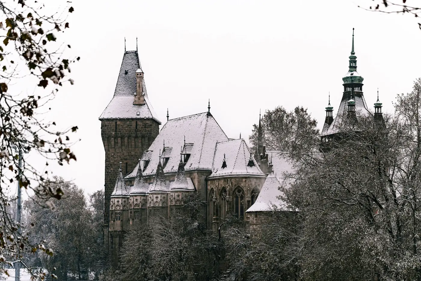 Vajdahunyad Castle under snow in Budapest's City Park
