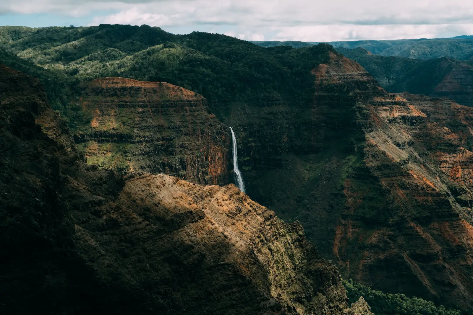A waterfall dropping down the far wall of Waimea Canyon State Park on Kauai