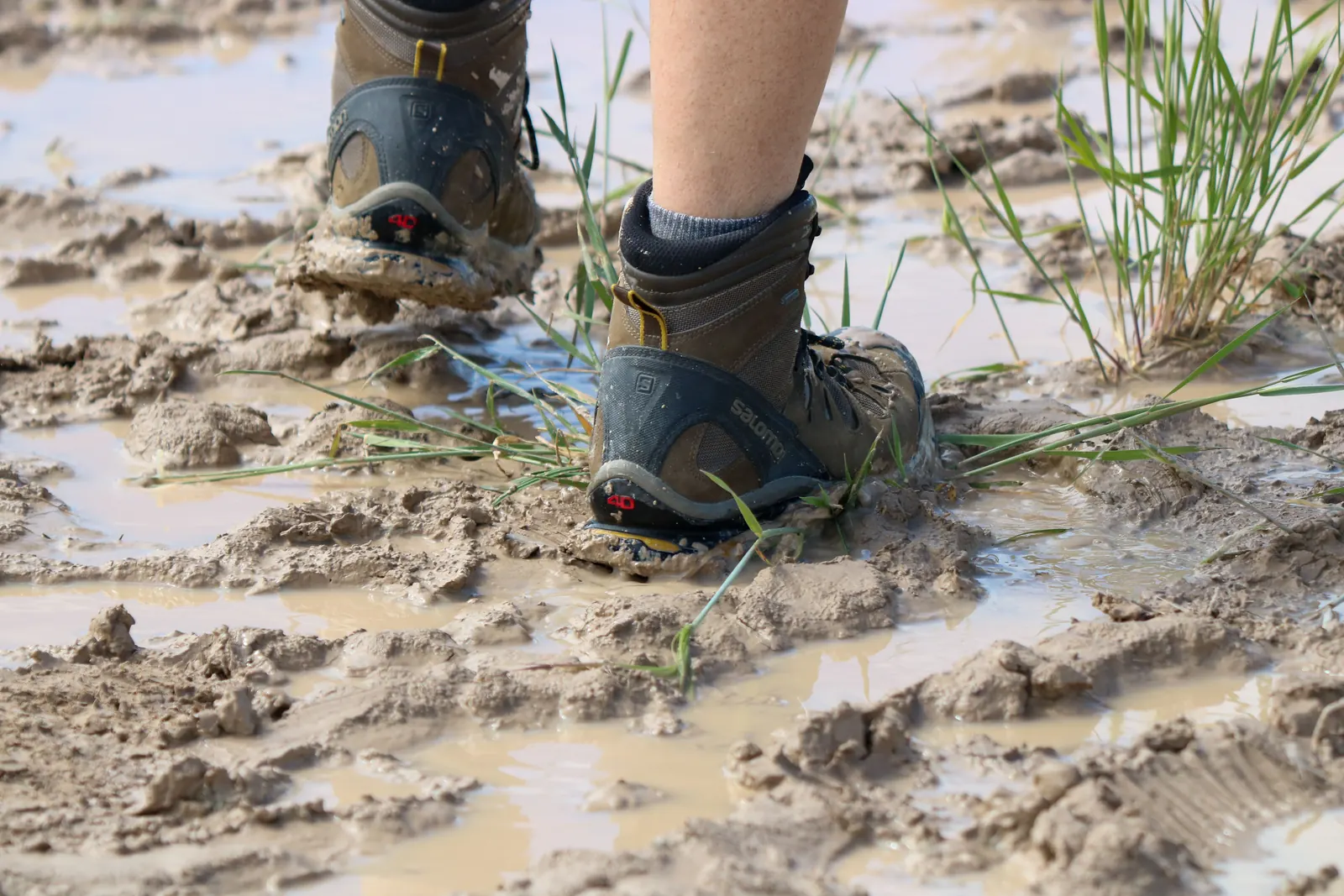 A waterproof hiking shoe stepping through mud and standing water