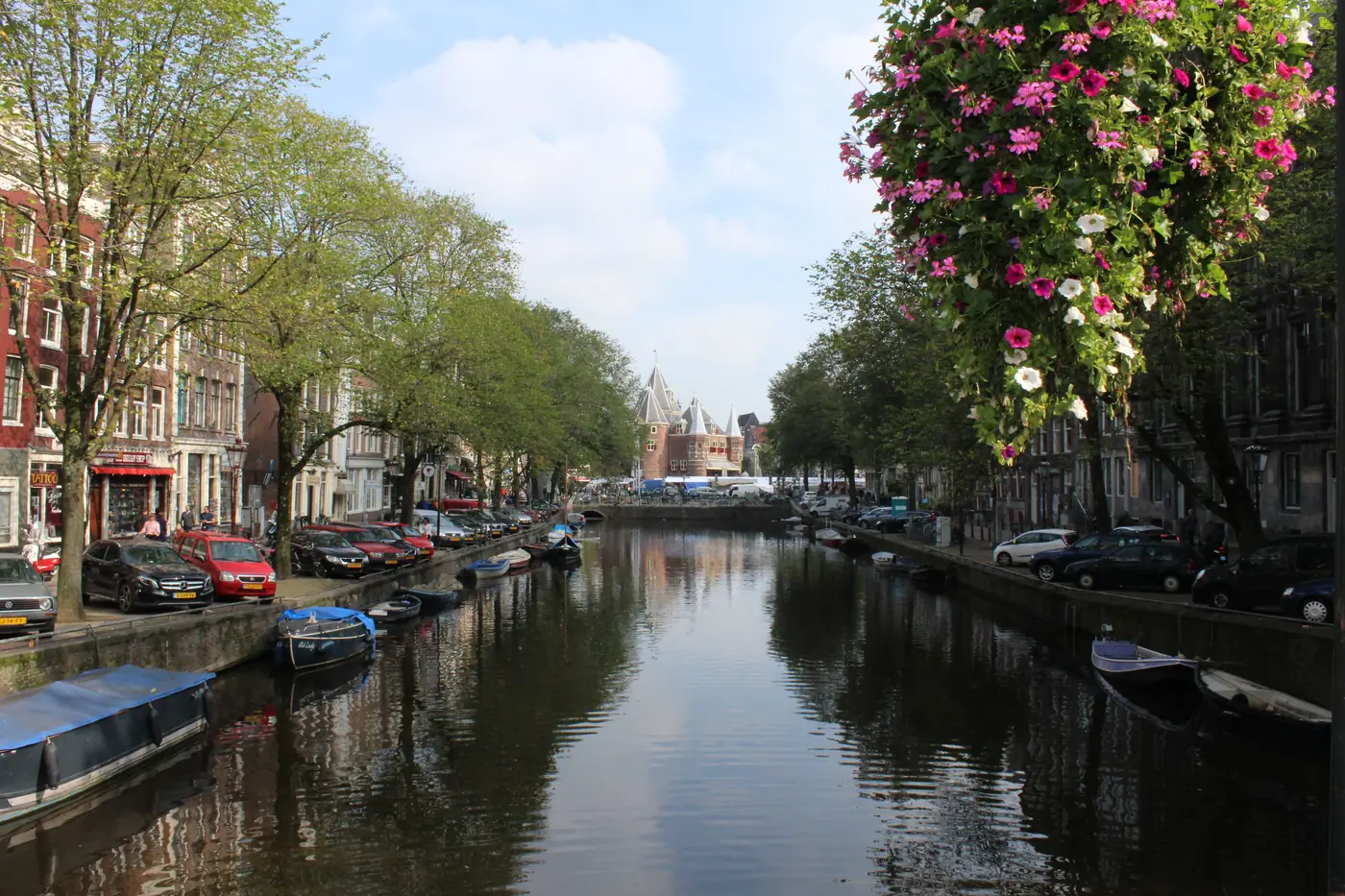 Canal houses and waterfront trees in Amsterdam in spring