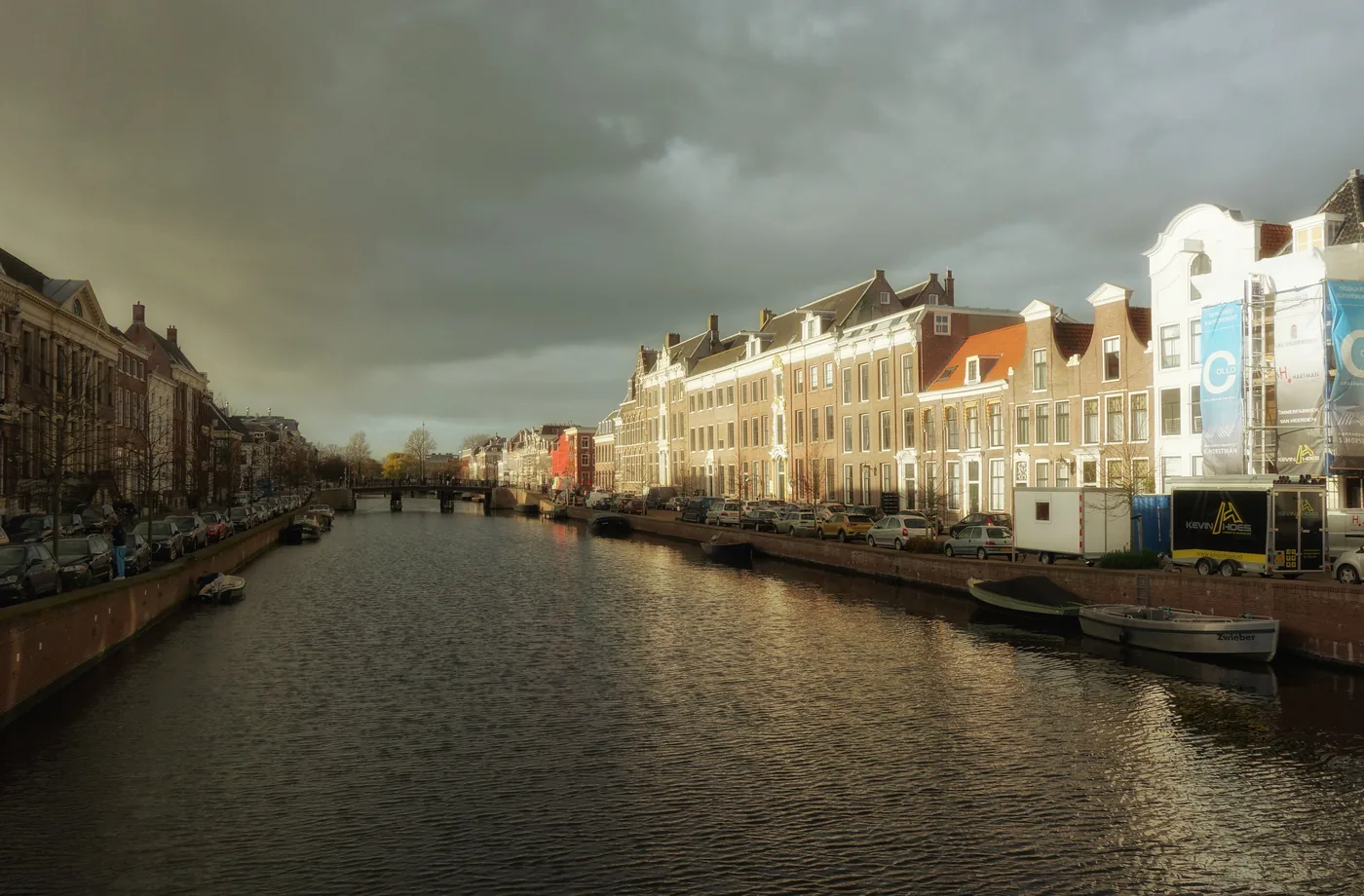 A street in Haarlem in the Netherlands with the church tower behind