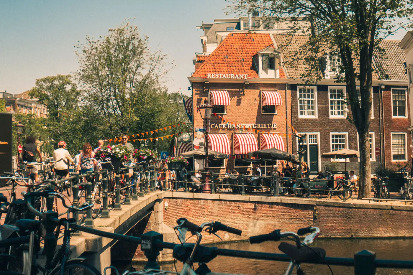 A canal side cafe terrace in Amsterdam
