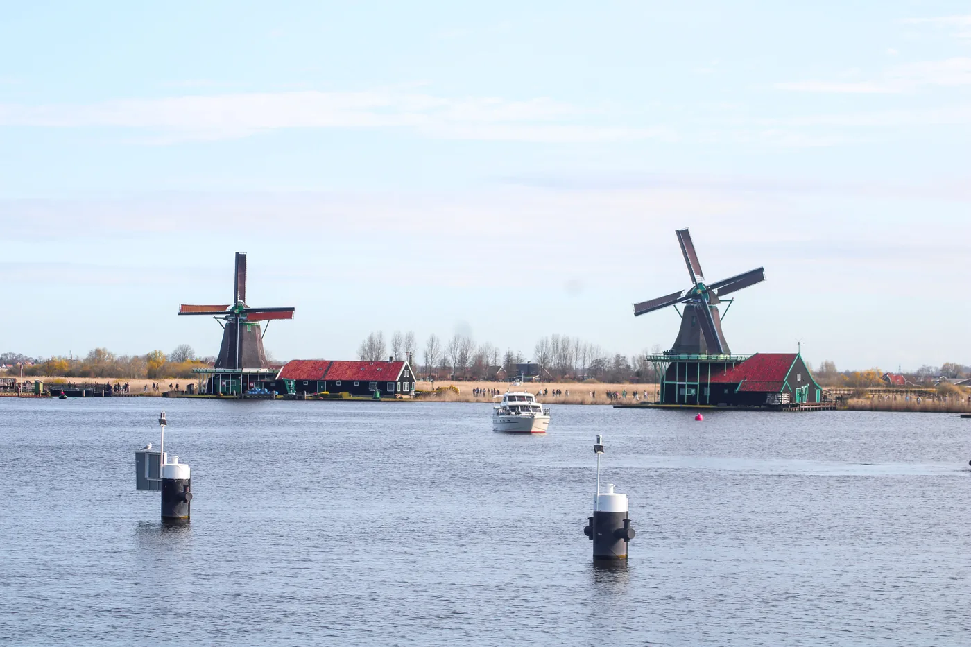 Windmills and green wooden houses at Zaanse Schans