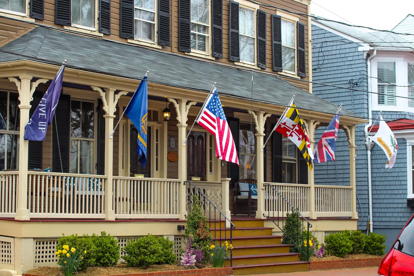 A historic house hung with flags in Annapolis, Maryland