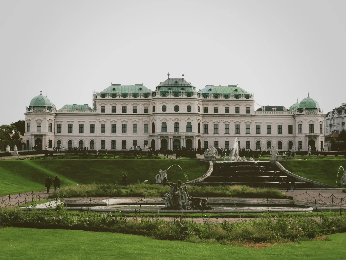 The baroque facade of the Belvedere palace in Vienna seen across its garden