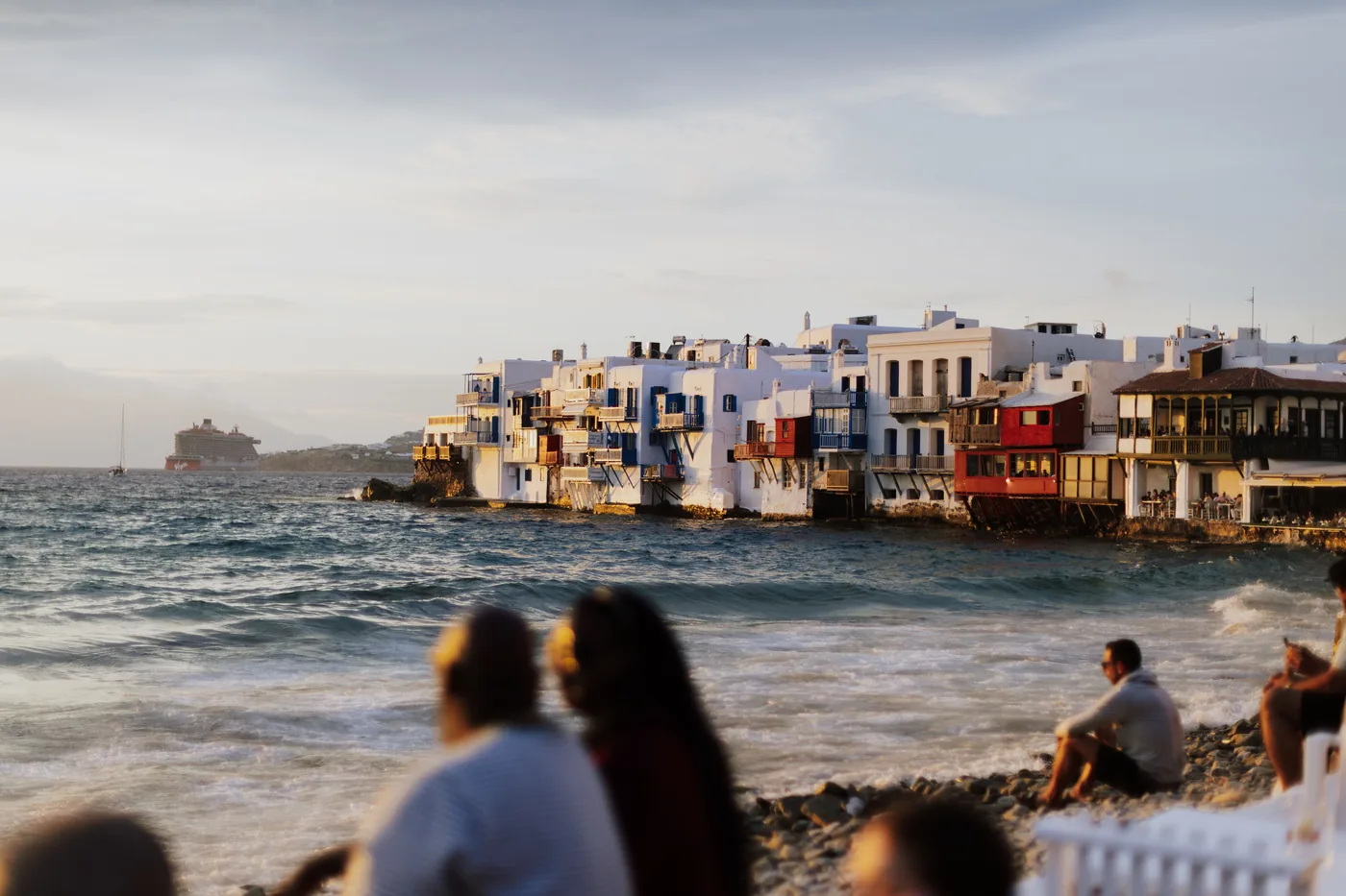 Sunset over Little Venice in Mykonos, Greece