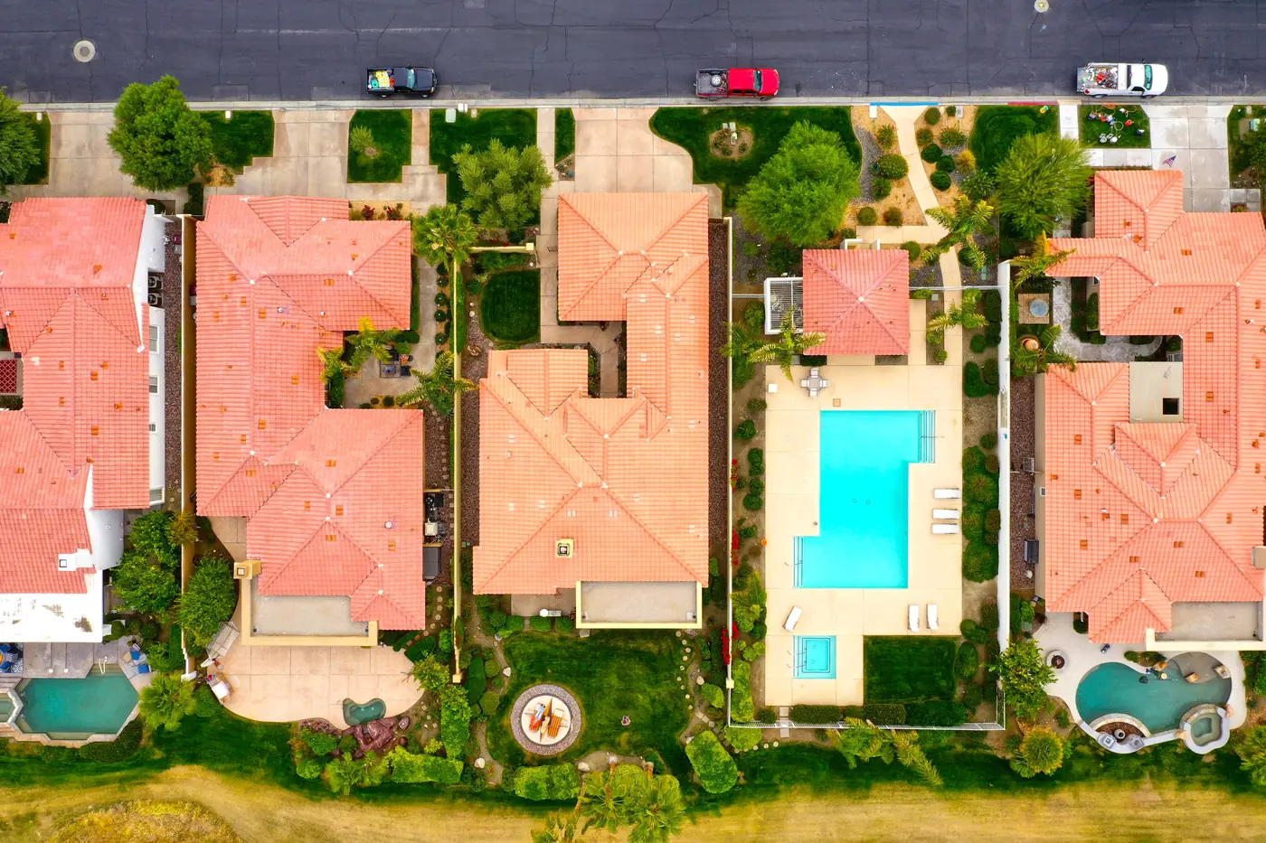 Aerial view of homes with backyard pools in La Quinta, near Palm Springs