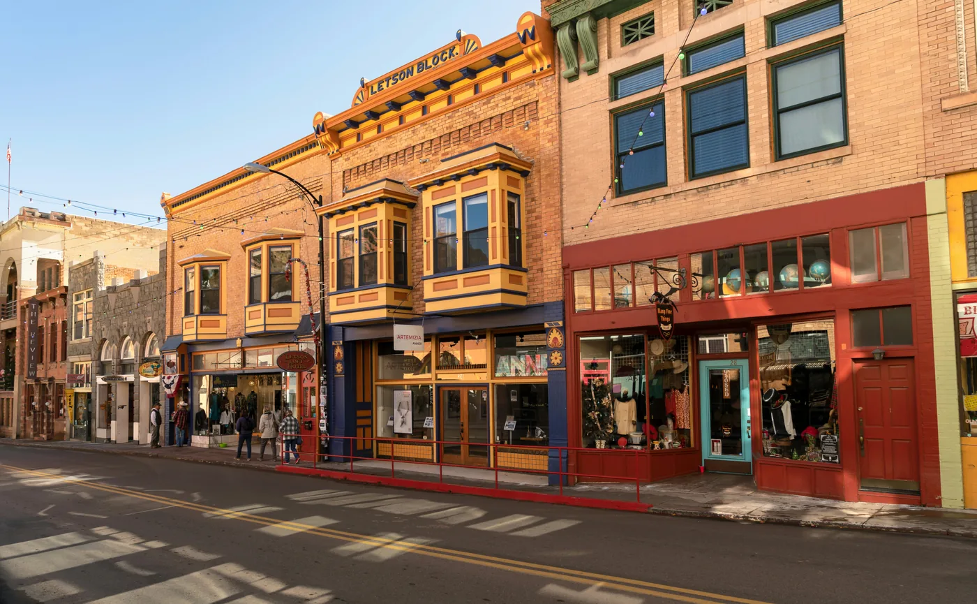 Colorful old buildings along a street in Bisbee, Arizona