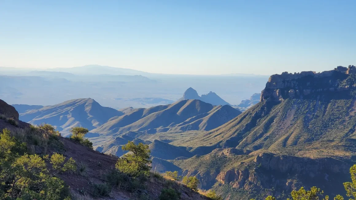Rugged mountains and valleys at sunset in Big Bend National Park Texas