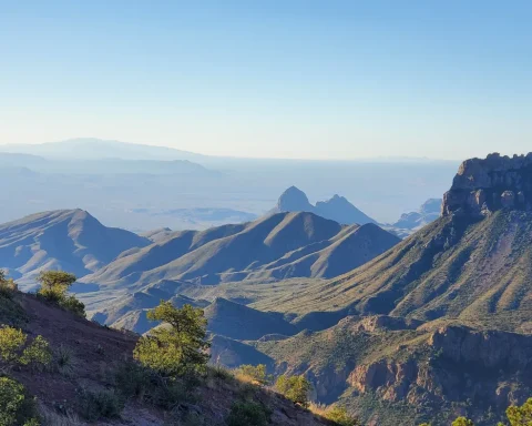 Rugged mountains and valleys at sunset in Big Bend National Park Texas
