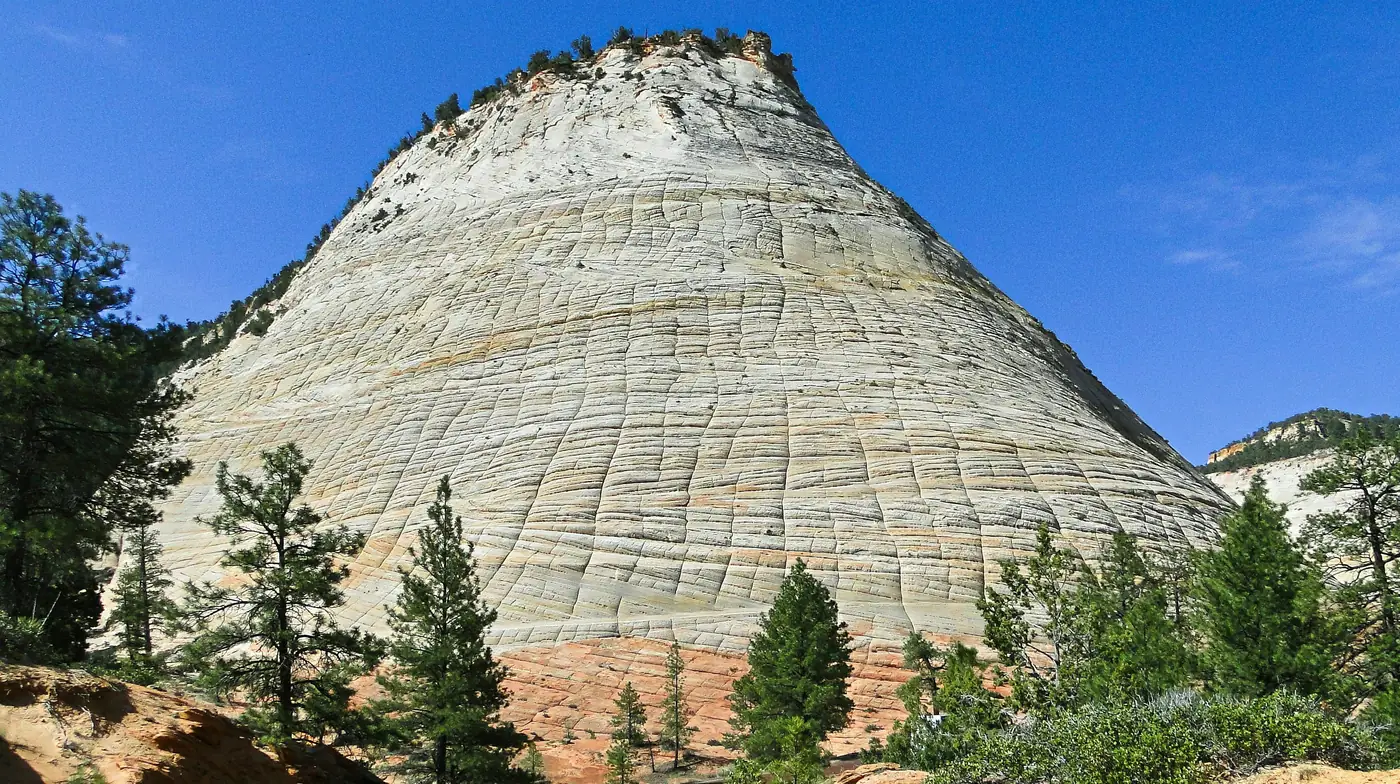 The cross hatched sandstone dome of Checkerboard Mesa in Zion National Park