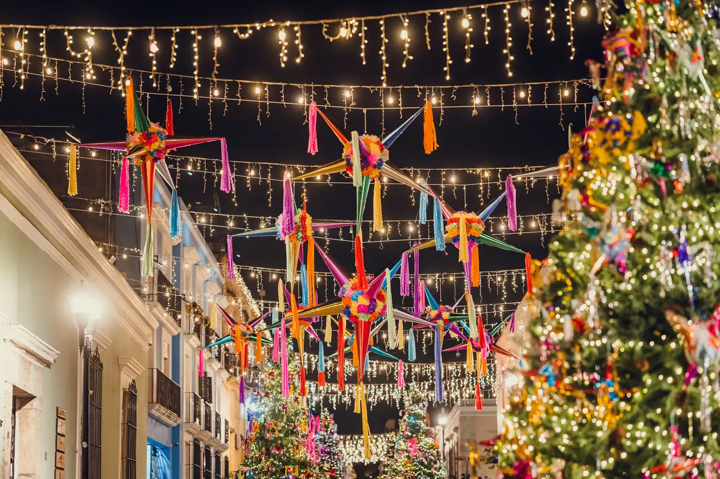 Pinatas, string lights and a Christmas tree over a street in Oaxaca at night