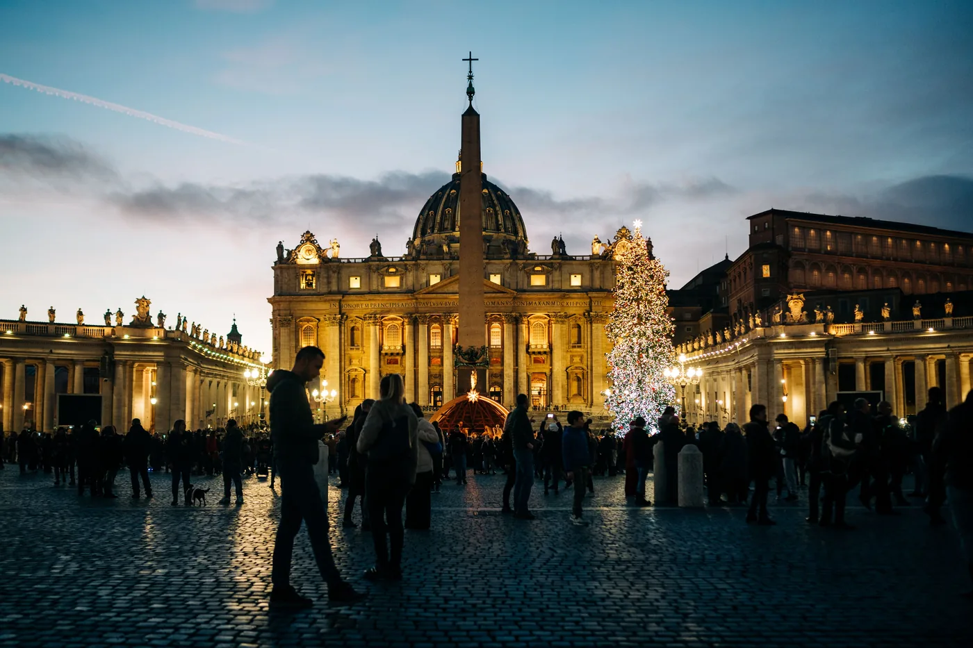 St Peter's Square in the evening with the Christmas tree lit beside the basilica