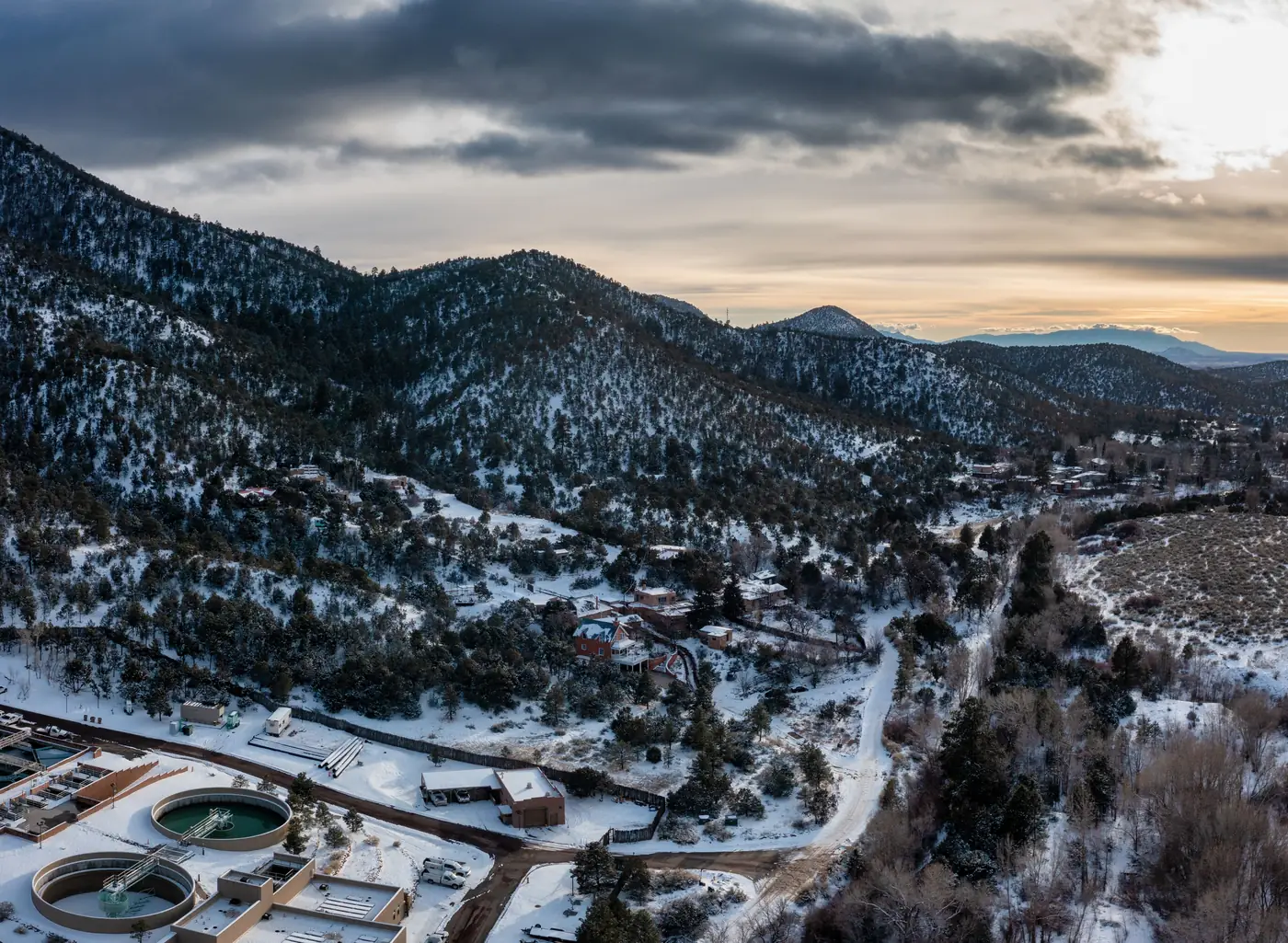 Snowy mountains around Santa Fe at sunset in winter