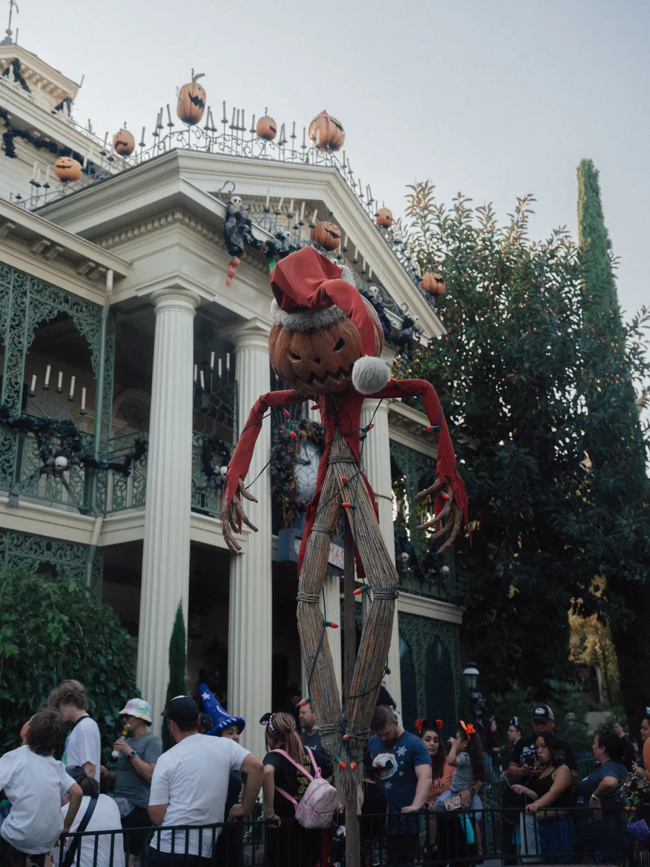 Jack Skellington as Sandy Claws outside Haunted Mansion Holiday at Disneyland