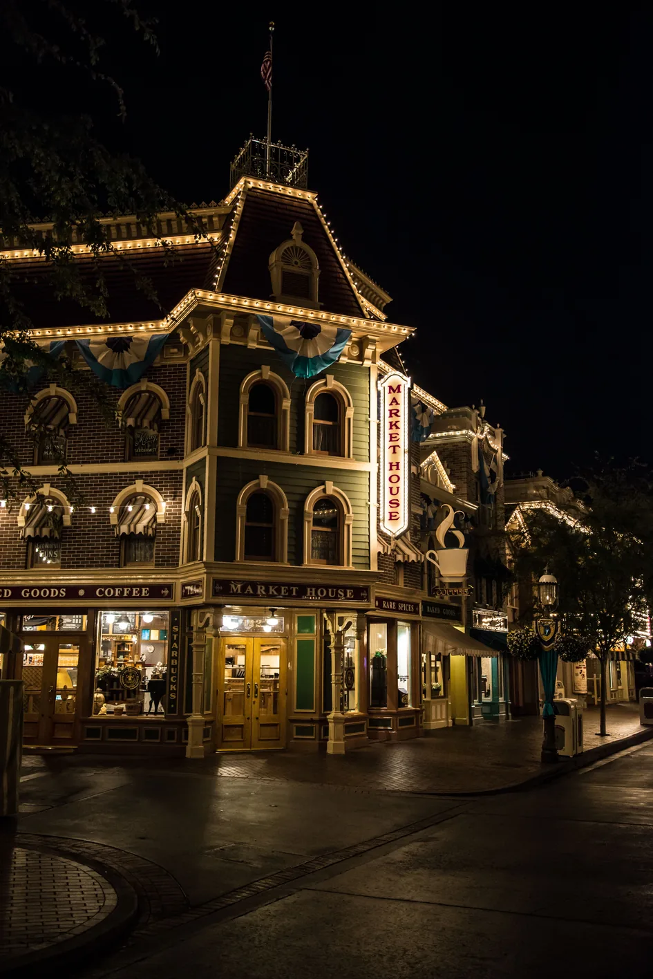 The Market House on Main Street at Disneyland lit up at night