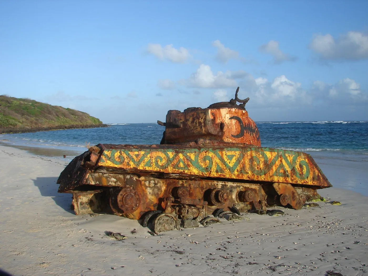 A painted old tank on the sand at Flamenco Beach on Culebra