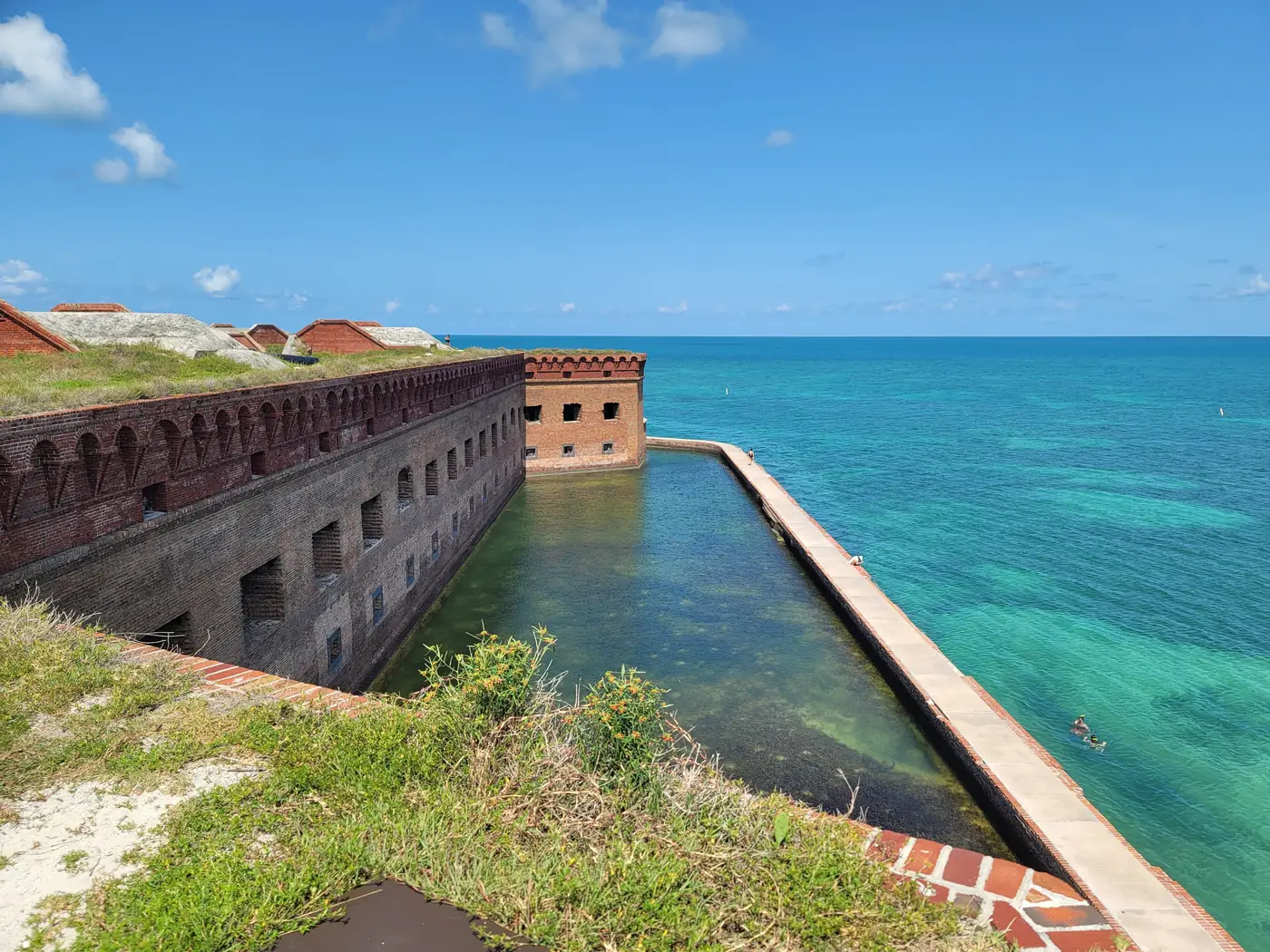 The brick walls and moat of Fort Jefferson in Dry Tortugas National Park