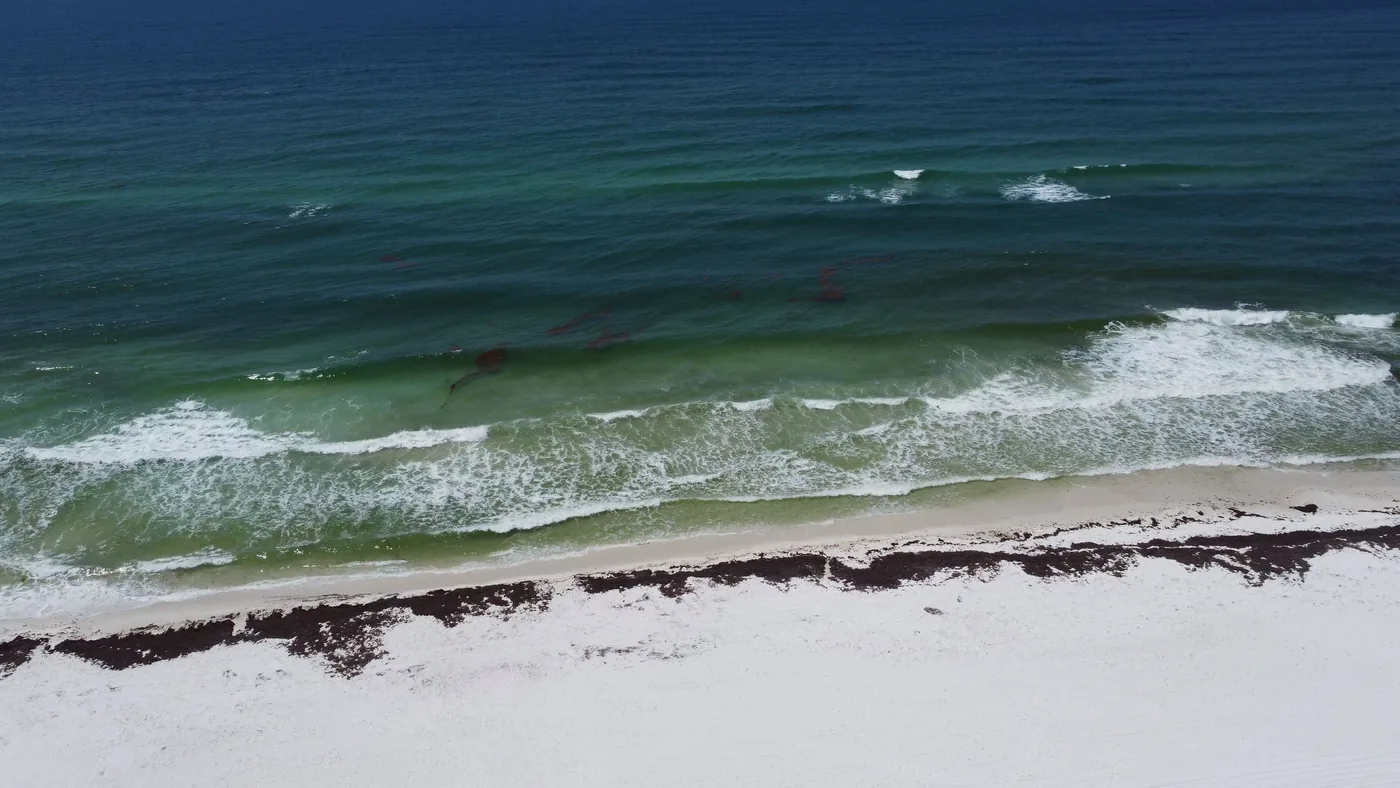 An aerial view of waves rolling onto the white sand of Pensacola Beach