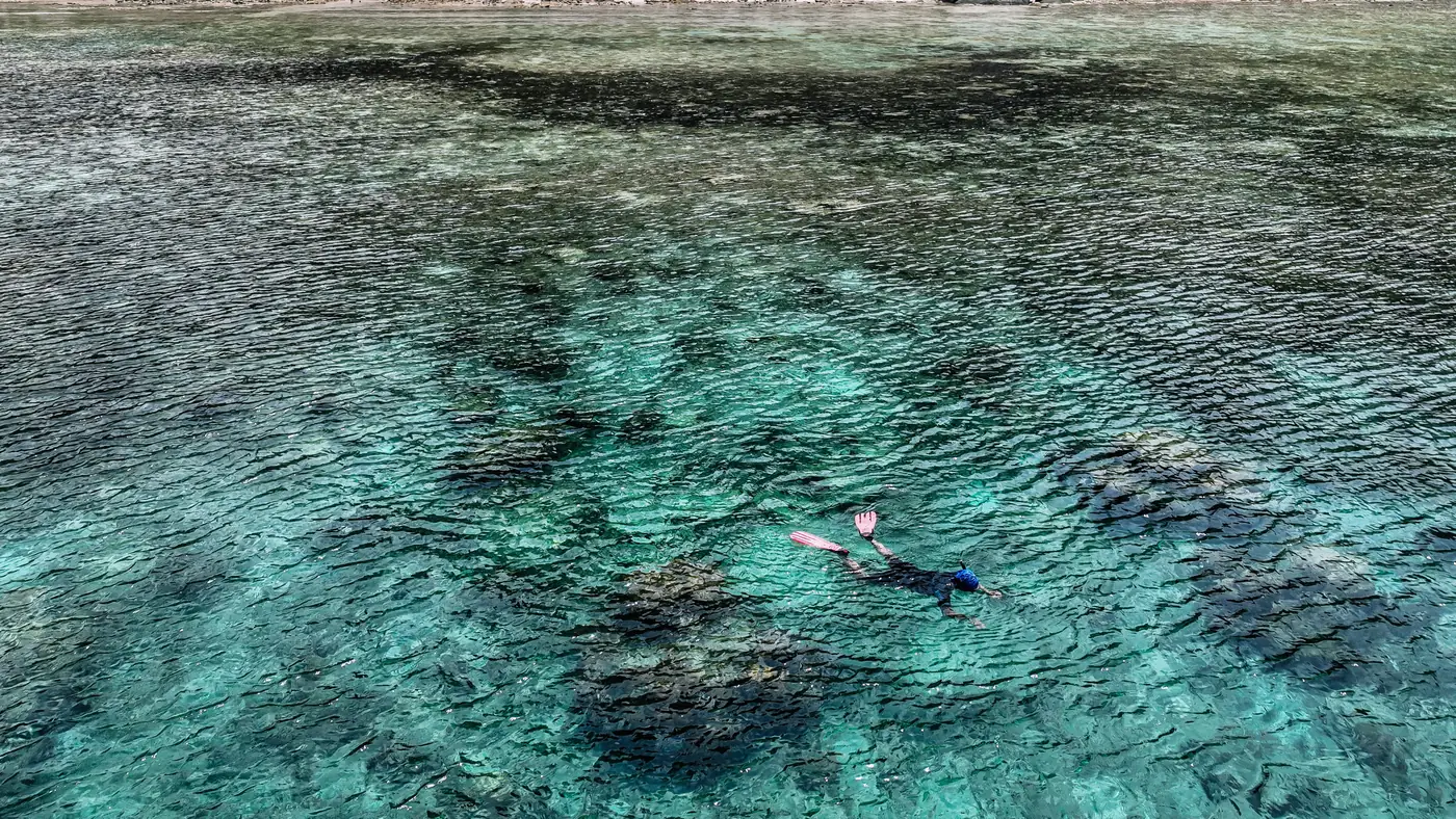 A snorkeler floating over a shallow coral reef in clear turquoise water
