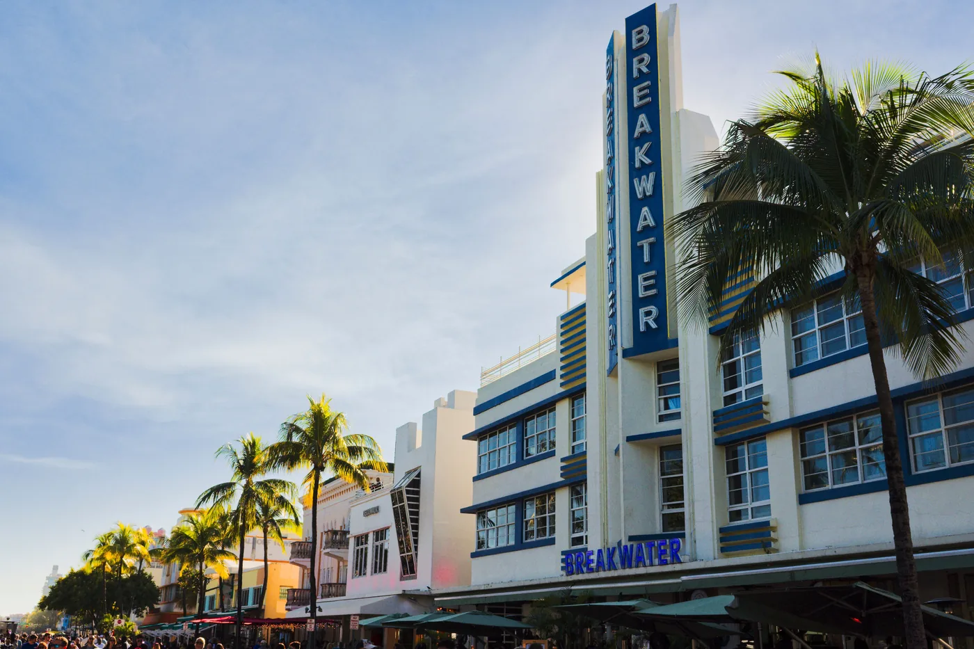 The Breakwater hotel and other Art Deco buildings on Ocean Drive in Miami Beach