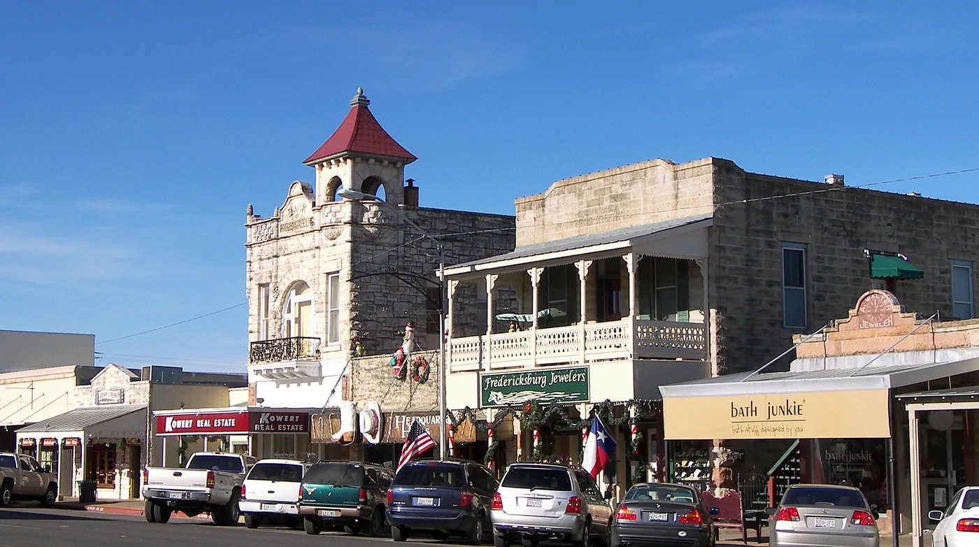 Historic stone buildings on Main Street in Fredericksburg Texas