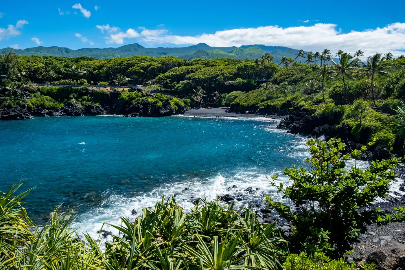 Green jungle and blue water at Hāna Bay on Maui