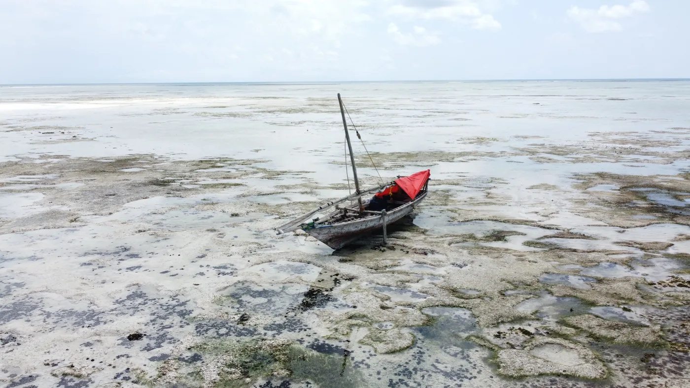 A wooden dhow resting on the sand at low tide in Zanzibar