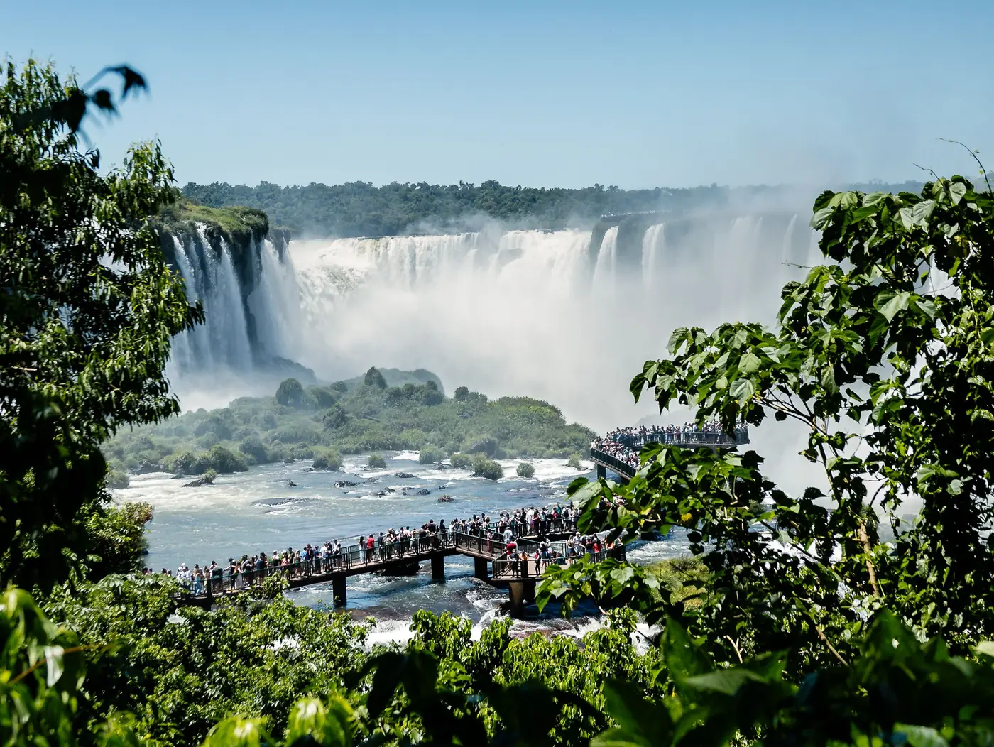 Iguazu Falls with visitors on a walkway in the rainforest