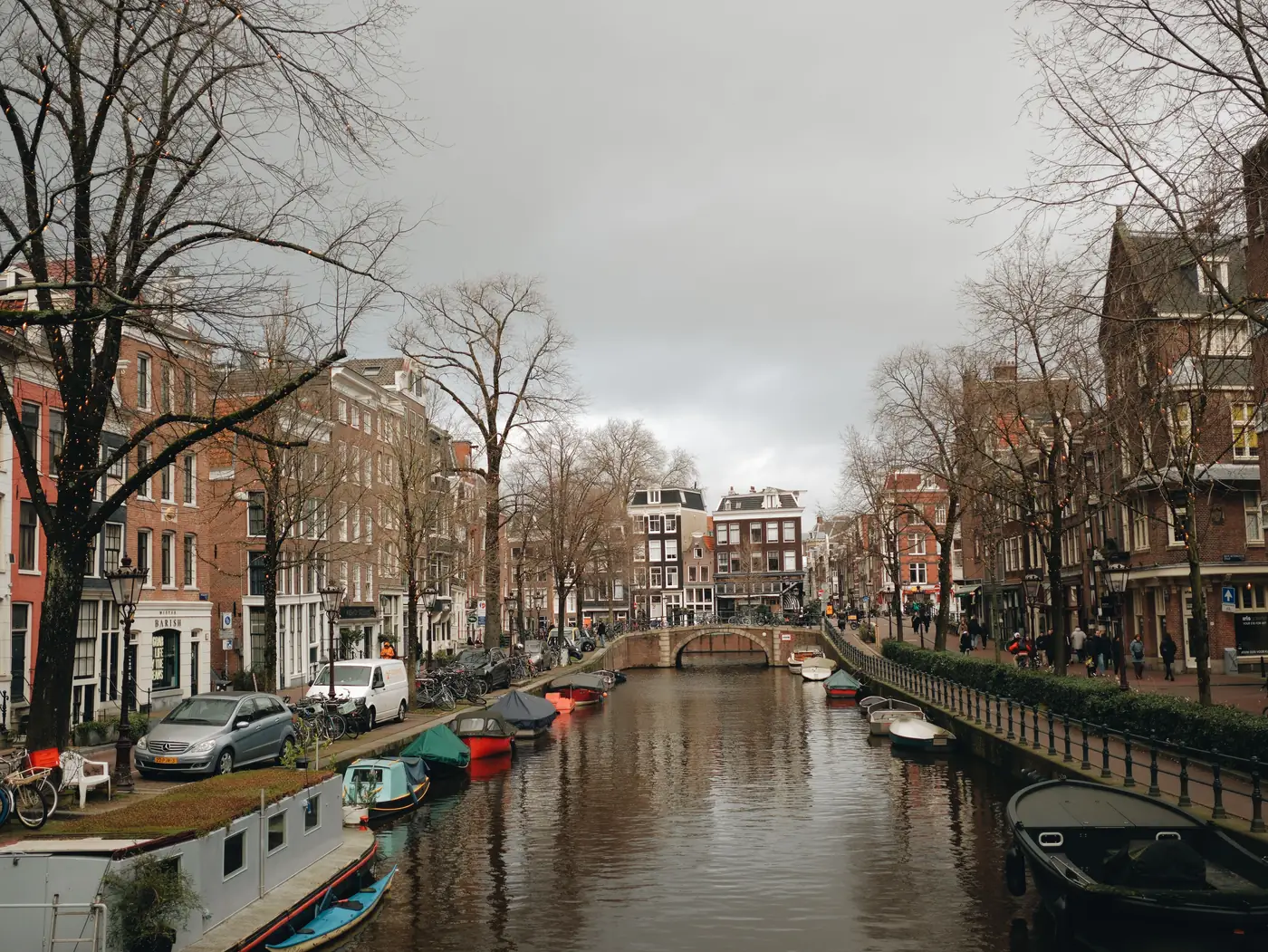 A quiet Amsterdam canal in the Jordaan with bare trees and moored houseboats in winter