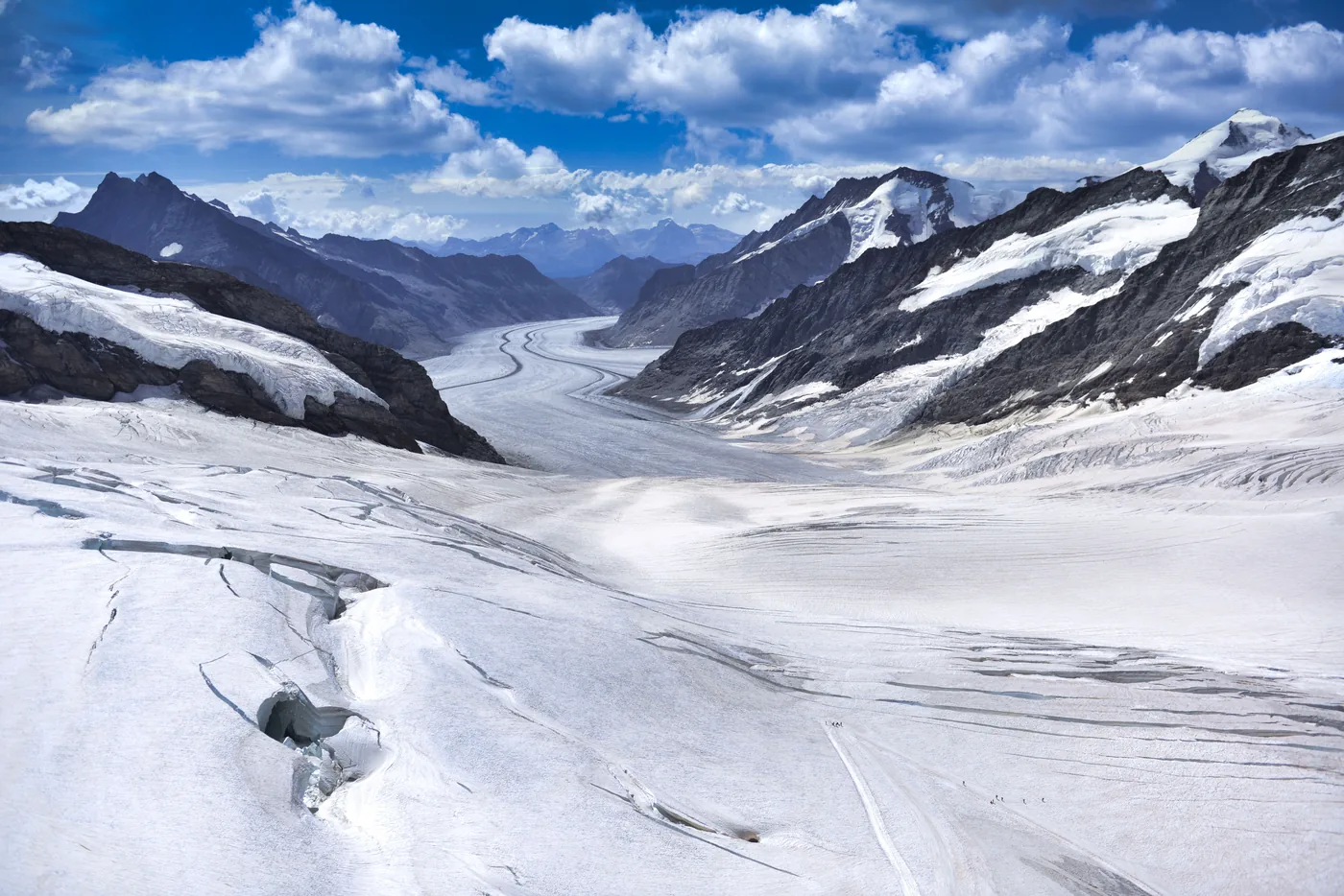Snowfields and glacier seen from the Jungfraujoch in the Swiss Alps