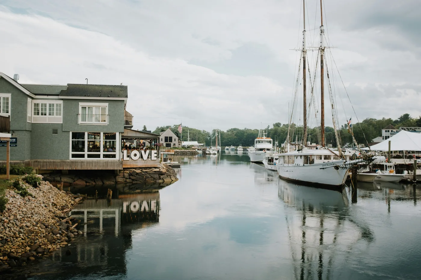 Boats tied up along the waterfront in Kennebunkport, Maine
