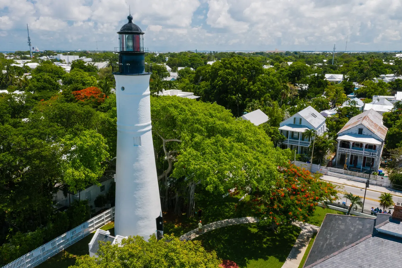 The Key West lighthouse rising above the rooftops of Old Town