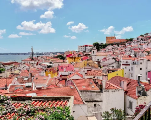 Colorful rooftops of Lisbon Portugal looking out over the Tagus River