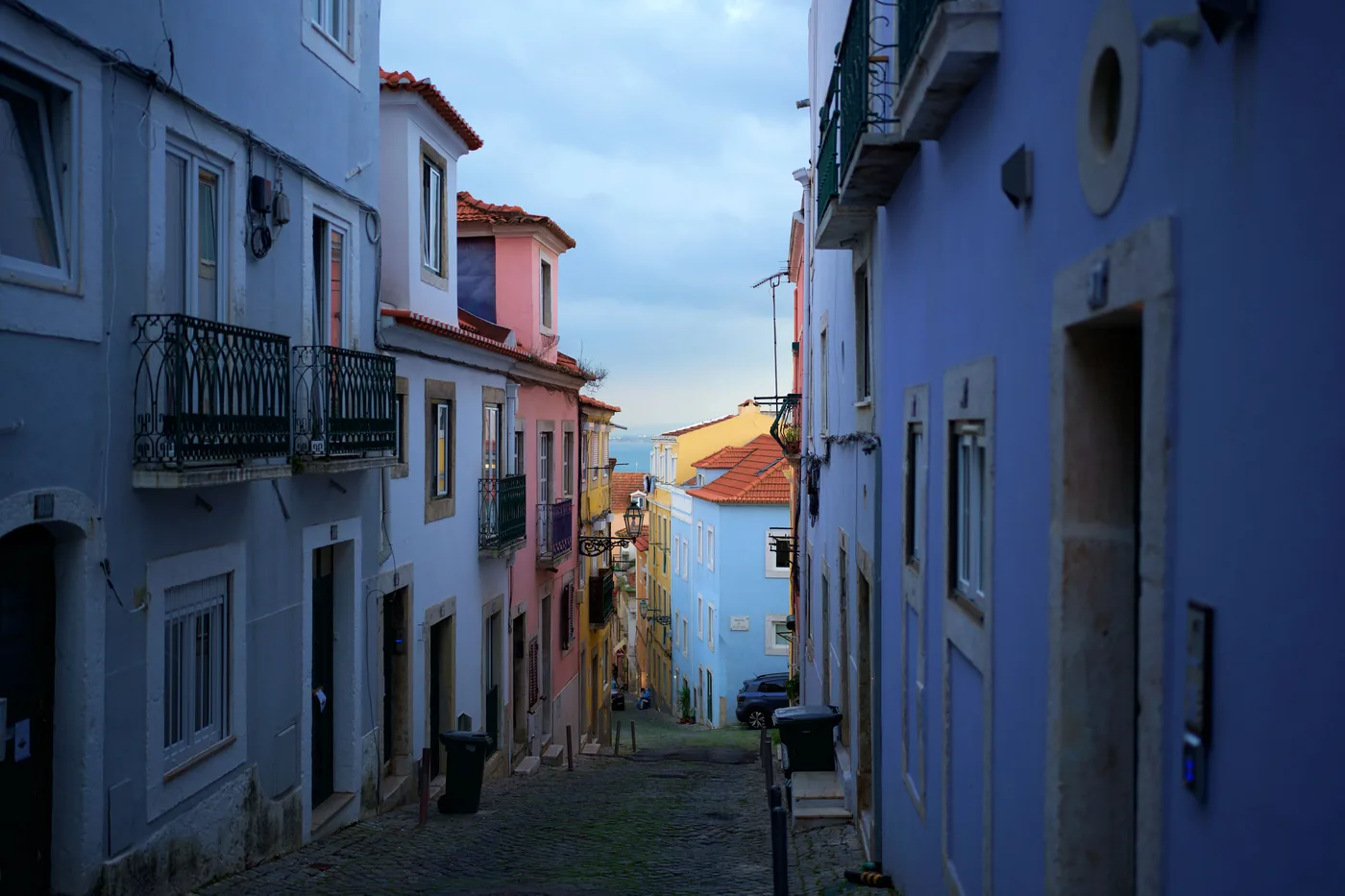 A colorful street of old houses in historic Lisbon Portugal