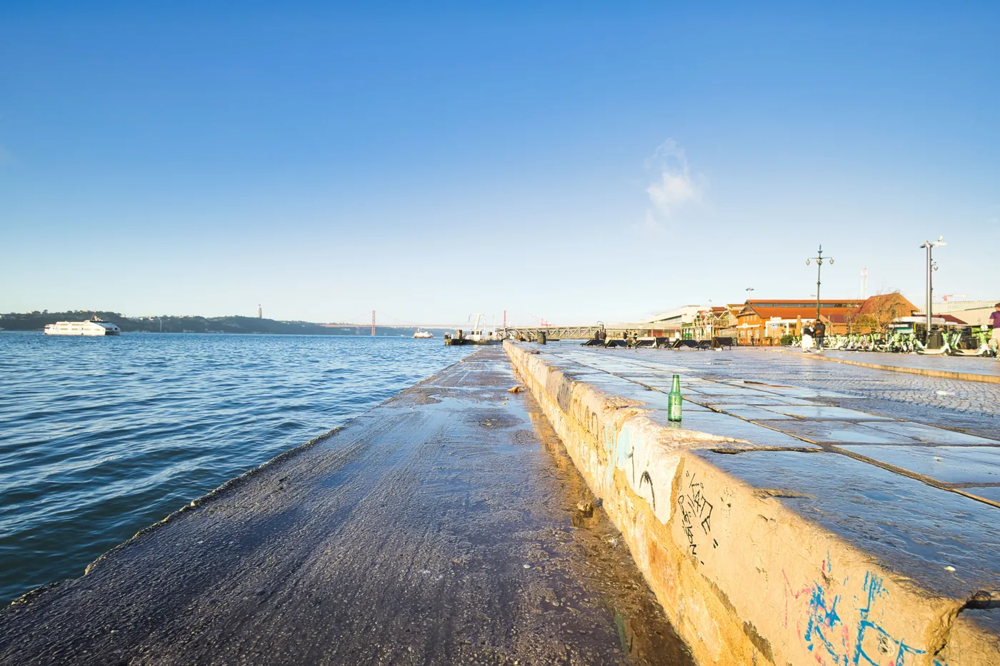 A sunny day on the Lisbon waterfront along the Tagus River