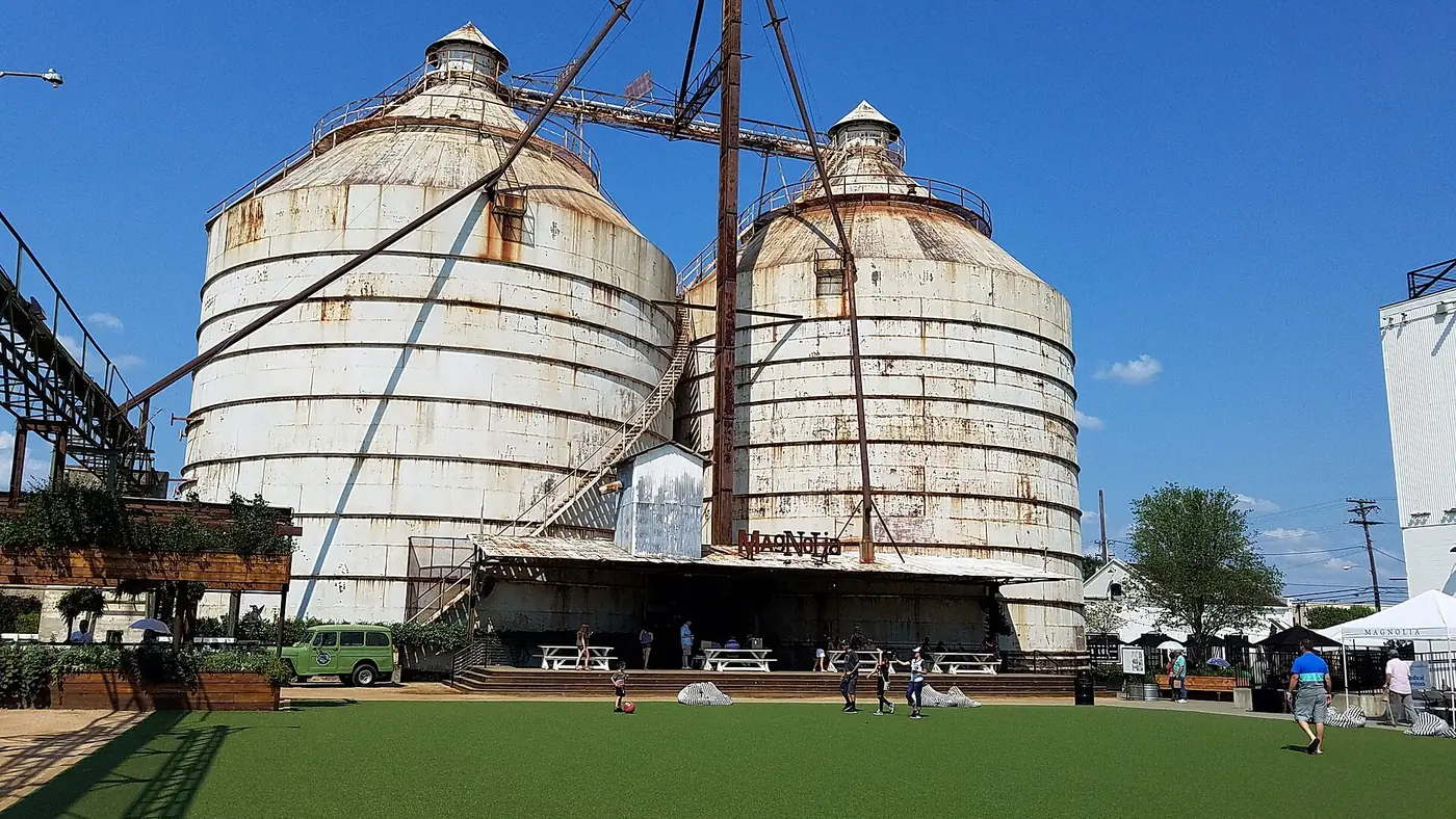 The silos and lawn at Magnolia Market in Waco Texas