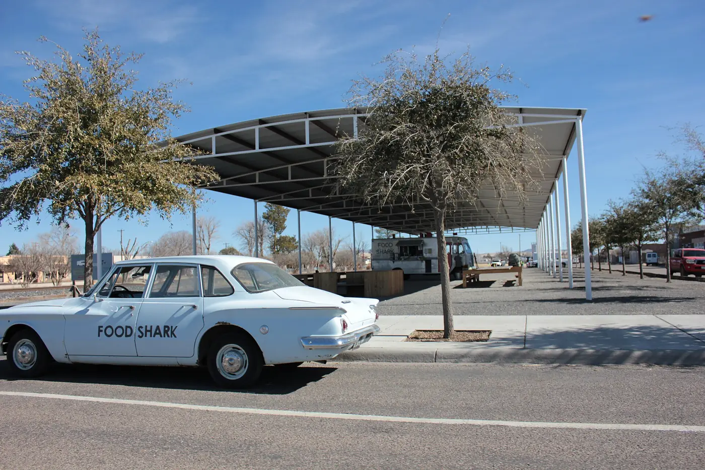 A vintage car at the Food Shark lot in Marfa Texas