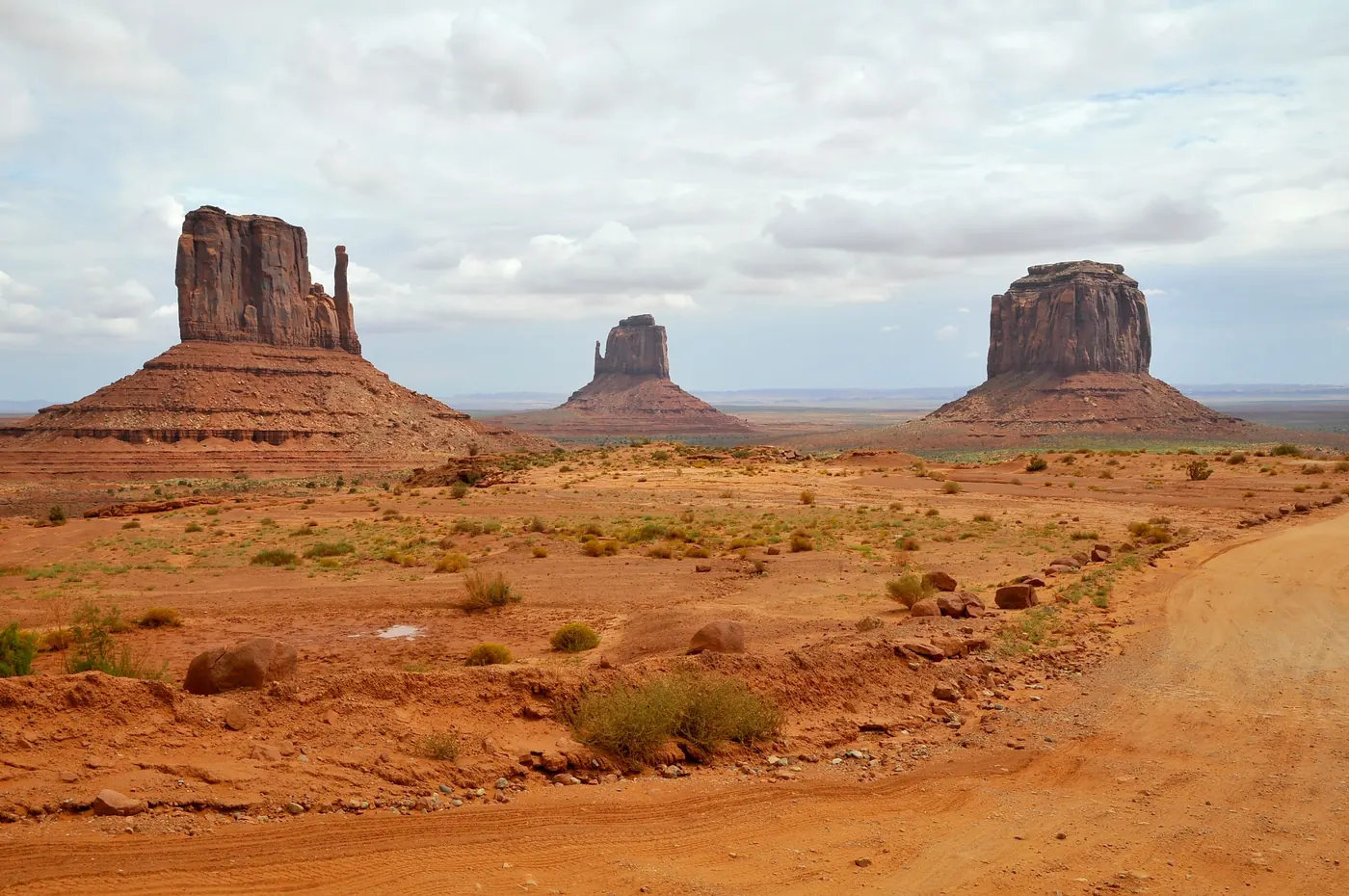 The Mittens and Merrick Butte standing over the valley floor in Monument Valley
