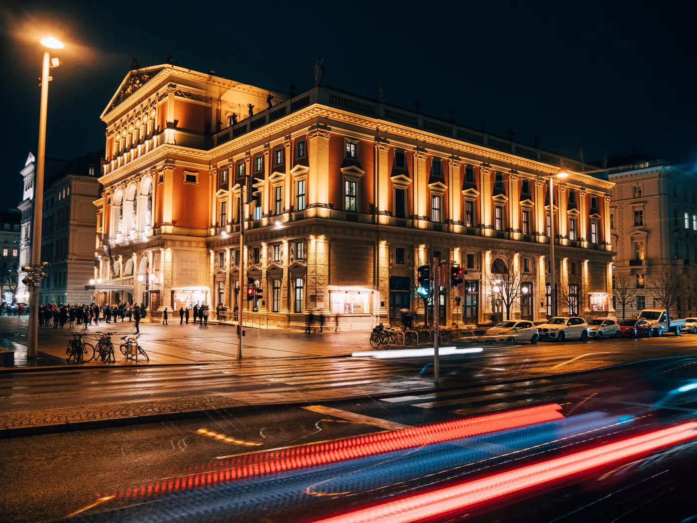 The Musikverein concert hall building in Vienna lit at night