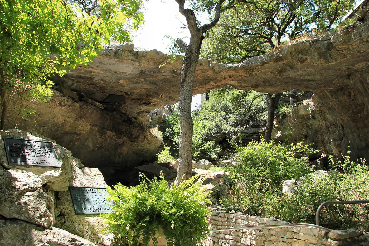 The natural limestone bridge at the entrance to Natural Bridge Caverns in Texas