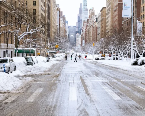 A snow covered avenue in New York City after a winter storm