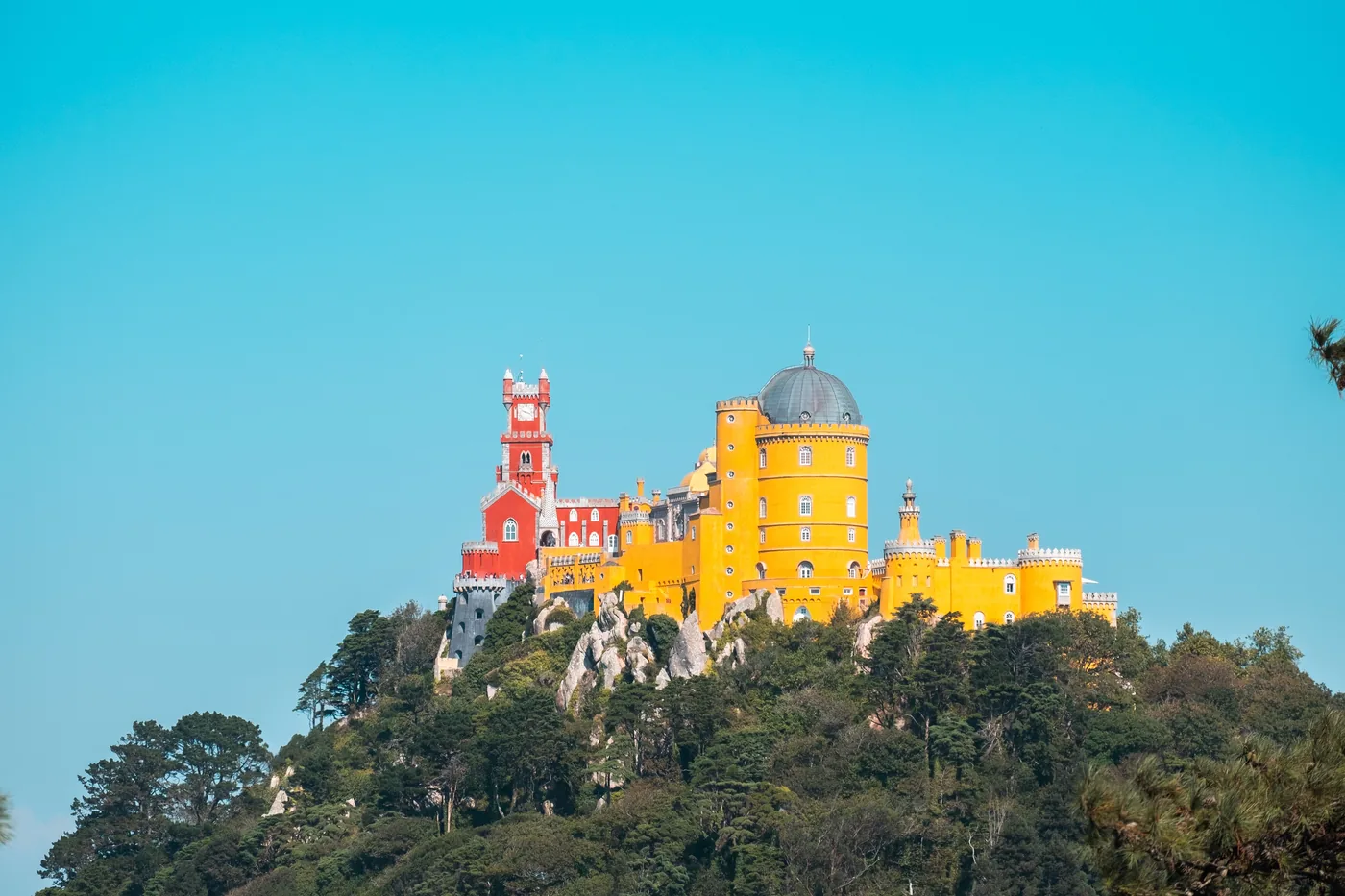 The red and yellow Pena Palace on its hilltop in Sintra