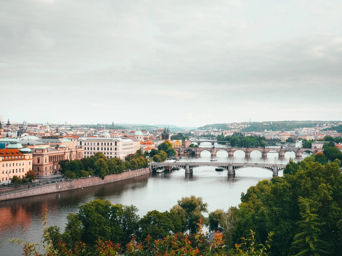 Bridges crossing the Vltava River in Prague seen from above