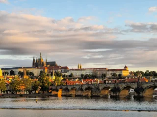 Prague Castle and Charles Bridge over the Vltava River in Prague Czech Republic
