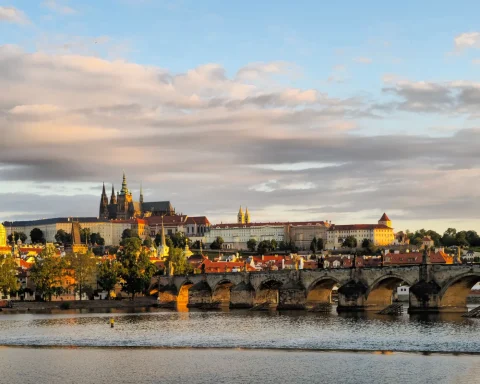 Prague Castle and Charles Bridge over the Vltava River in Prague Czech Republic