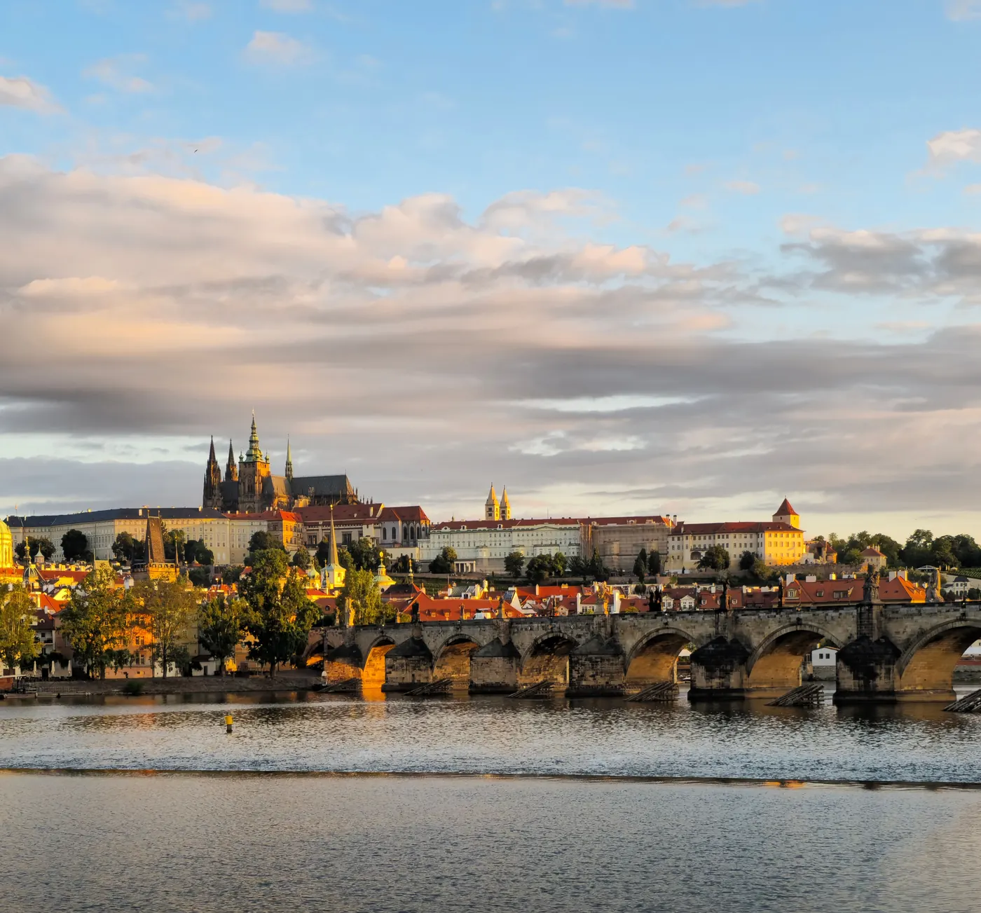 Prague Castle and Charles Bridge over the Vltava River in Prague Czech Republic