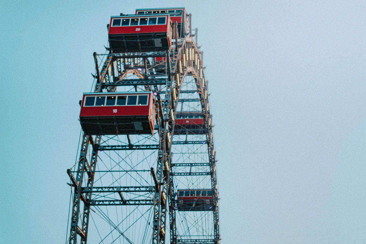 The Riesenrad ferris wheel with its red cabins in the Prater in Vienna