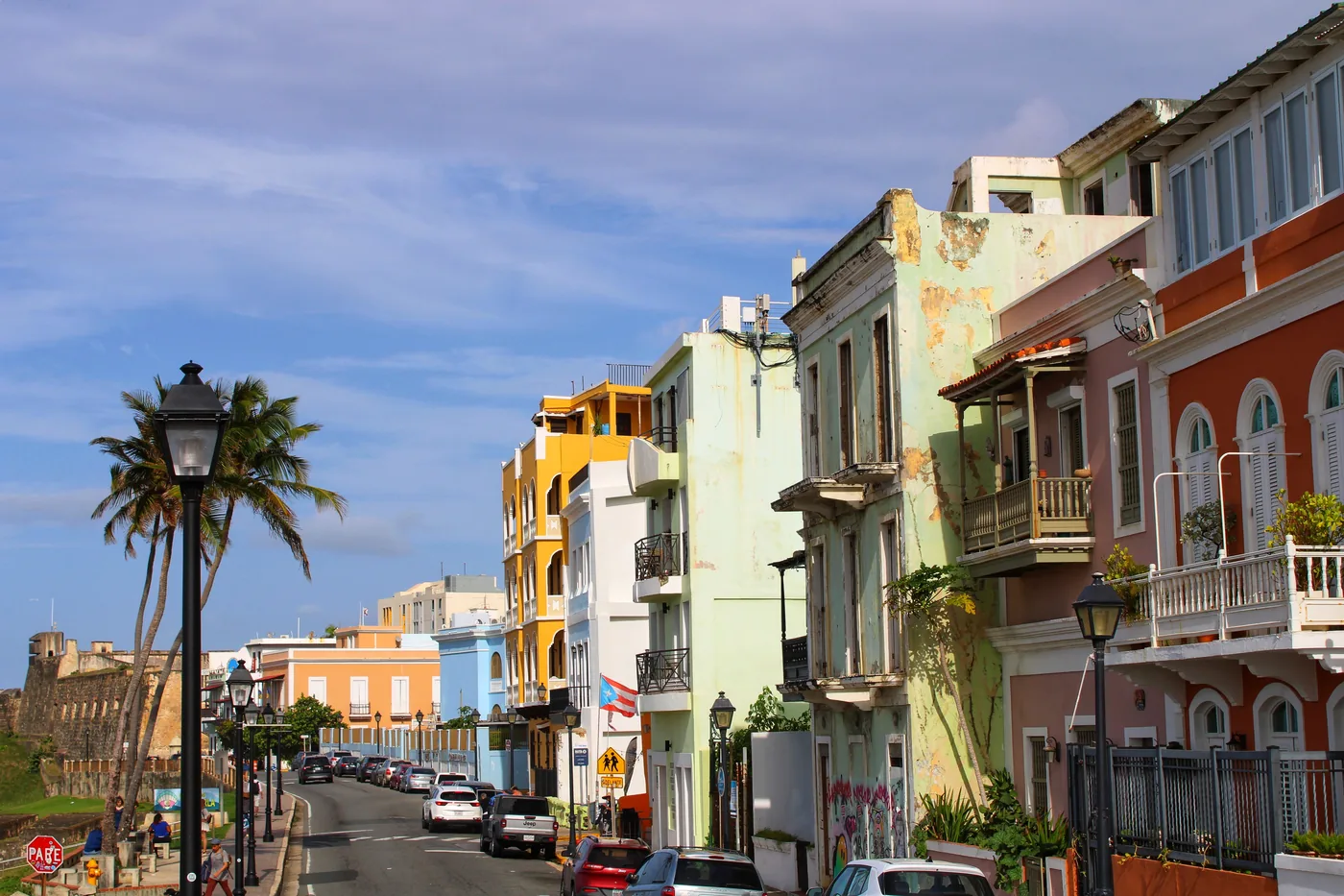 Colorful colonial buildings along a sunny street in Old San Juan