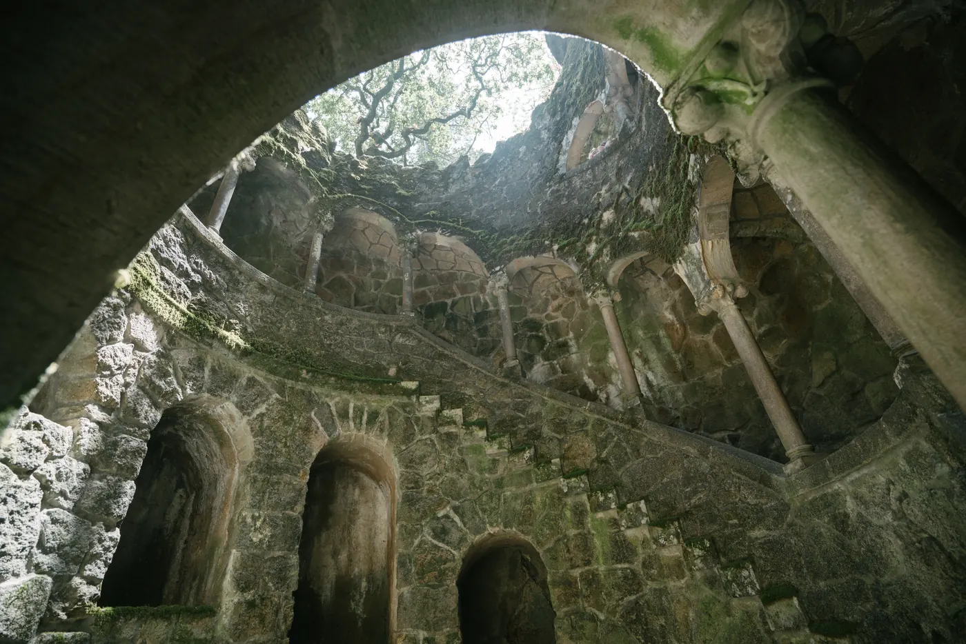 Looking up the spiral Initiation Well at Quinta da Regaleira in Sintra